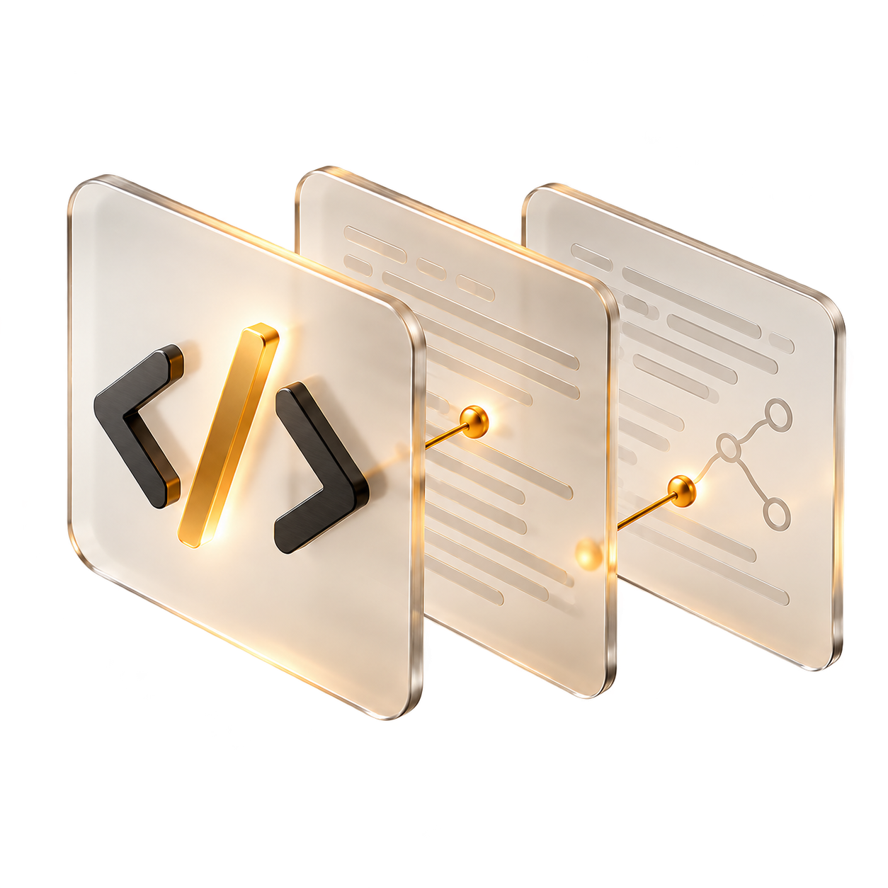 Three transparent glass layers with code brackets and a branching source symbol.