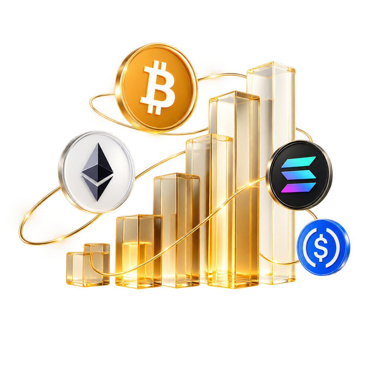 Glass chart bars surrounded by Bitcoin, Ethereum, Solana and USDC symbols