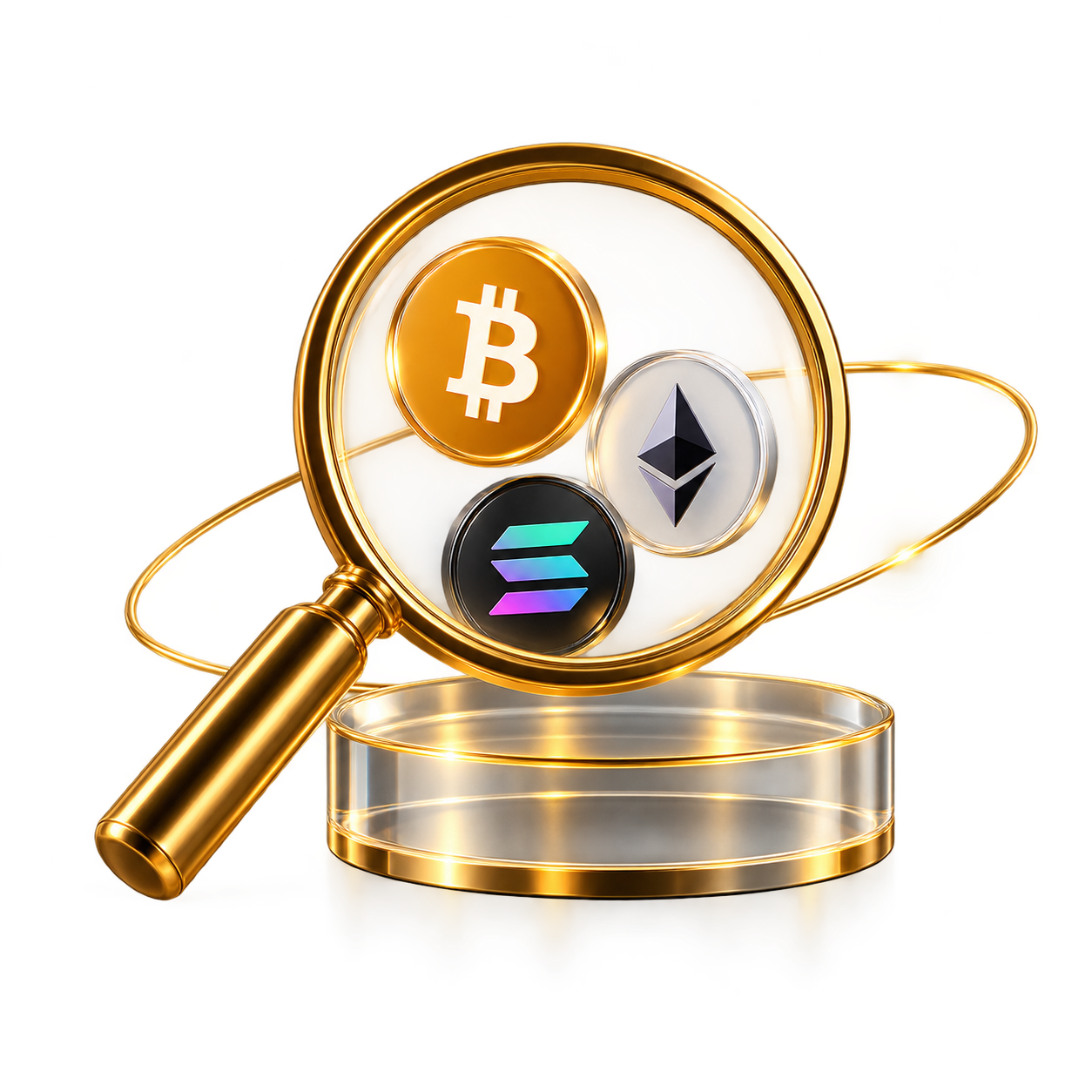 Golden magnifying glass examining Bitcoin, Ethereum and Solana