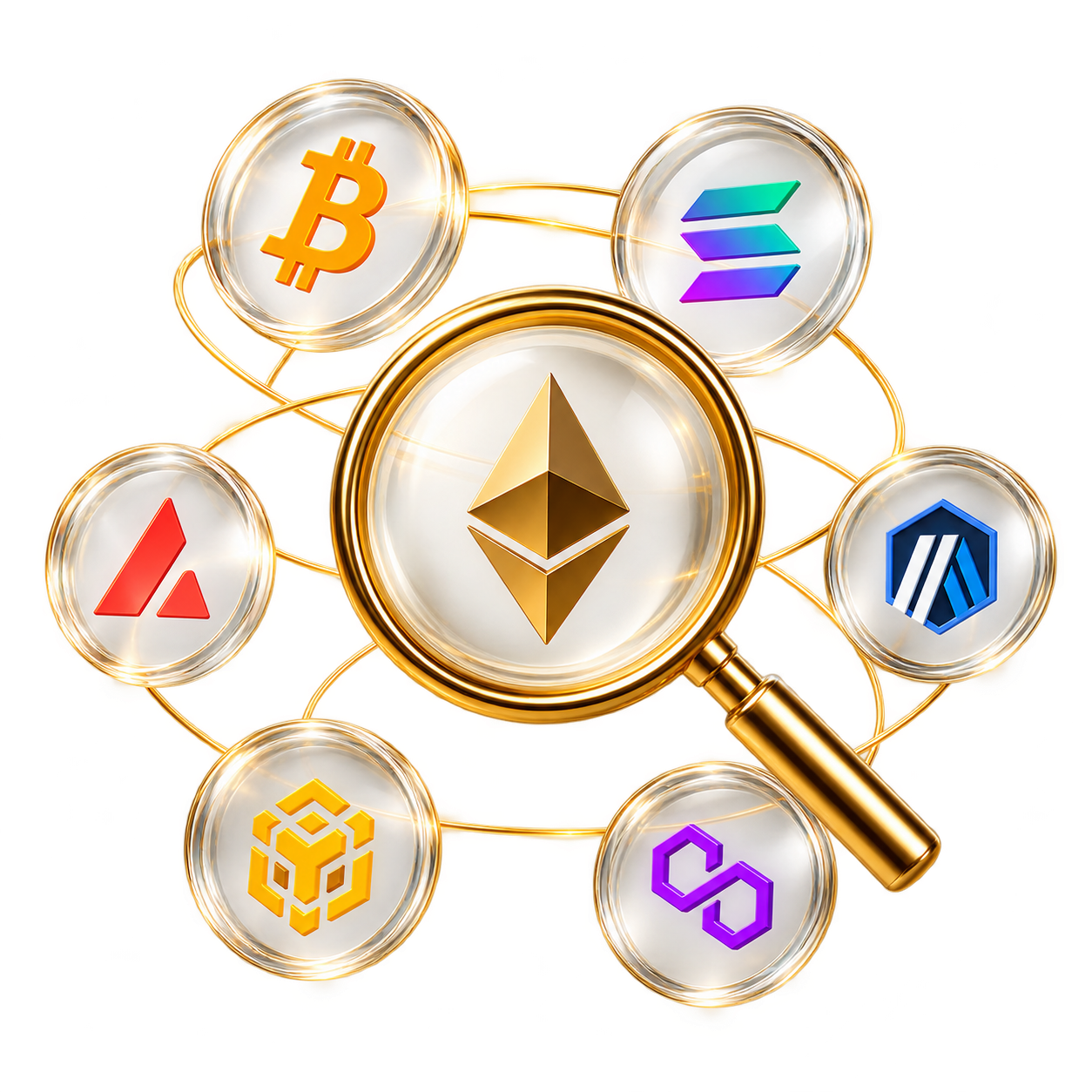 Golden magnifying glass examining Ethereum among connected network symbols