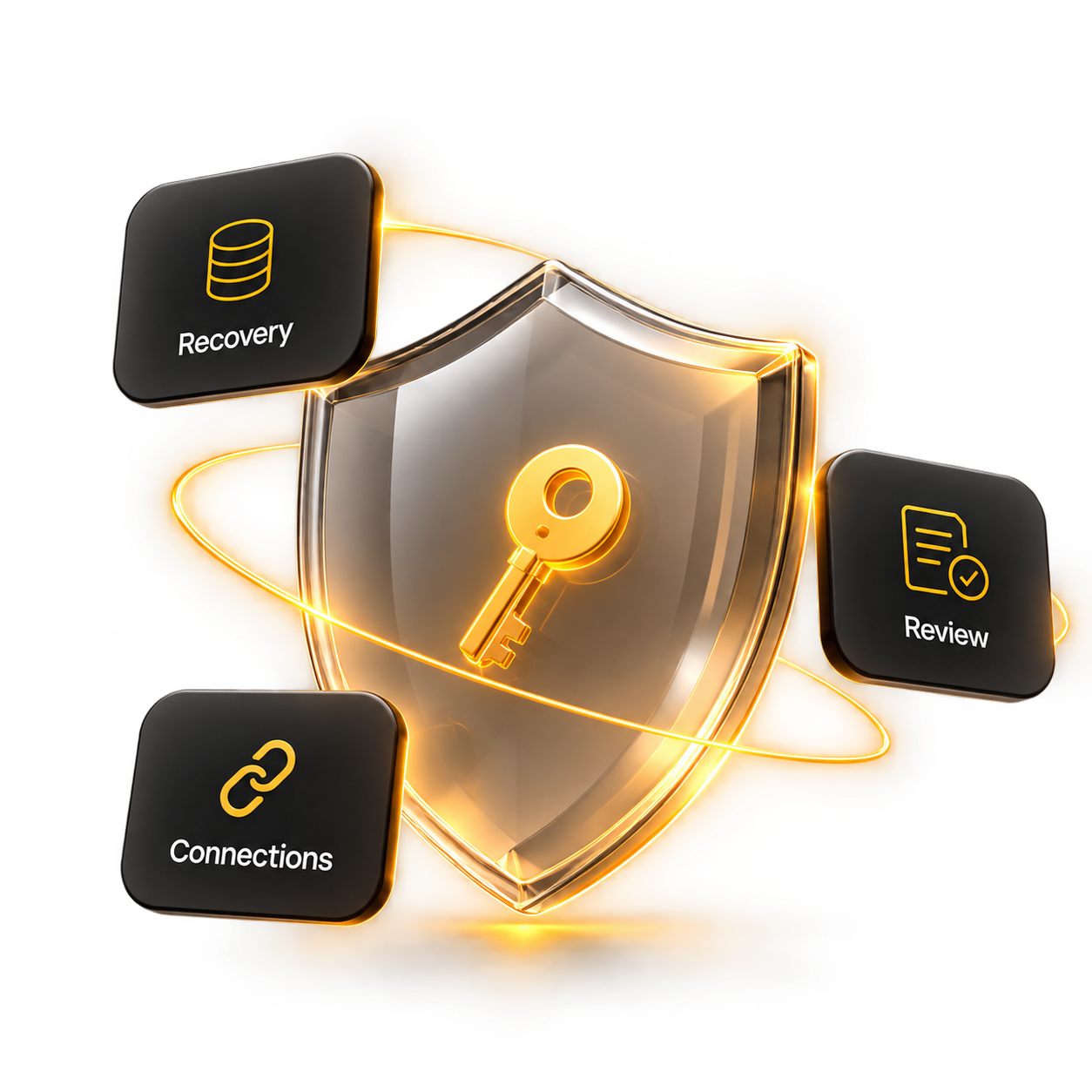 Glass shield and golden key surrounded by Recovery, Review and Connections cards.