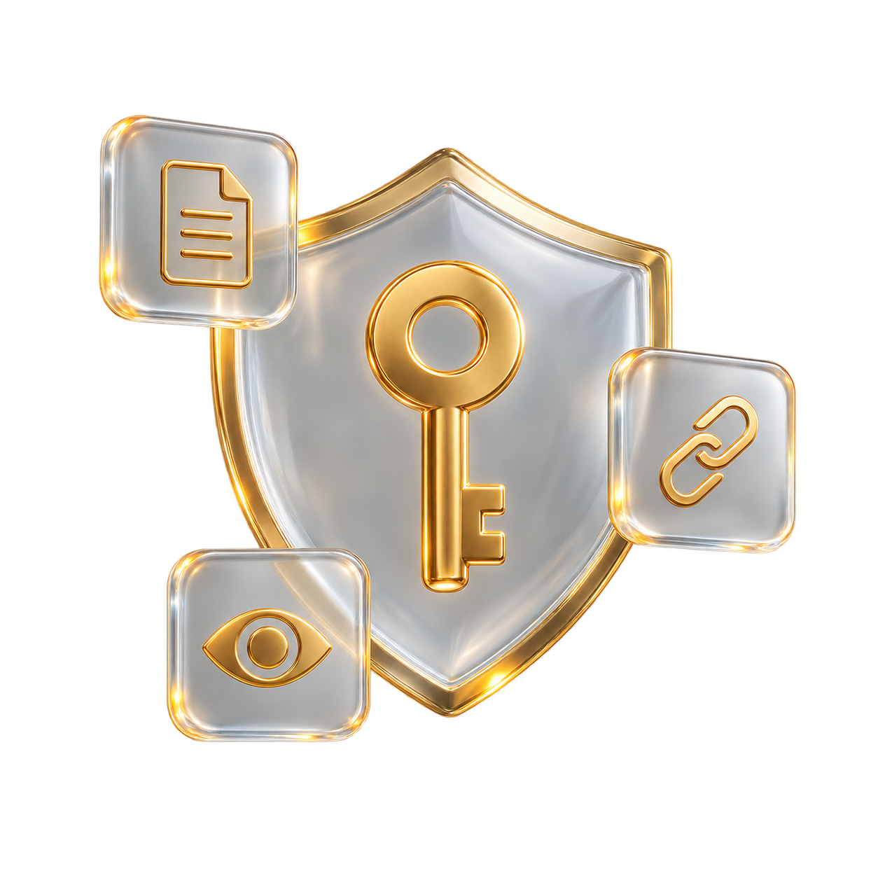 Glass shield with a golden key, surrounded by review, connection and privacy symbols