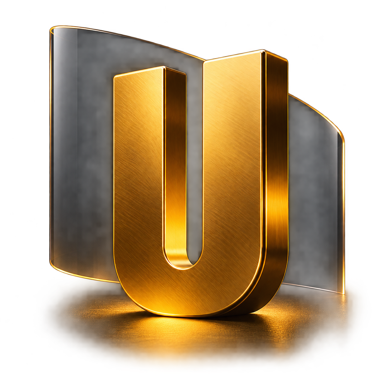 Sculptural golden Unstoppable mark with a curved glass backdrop.