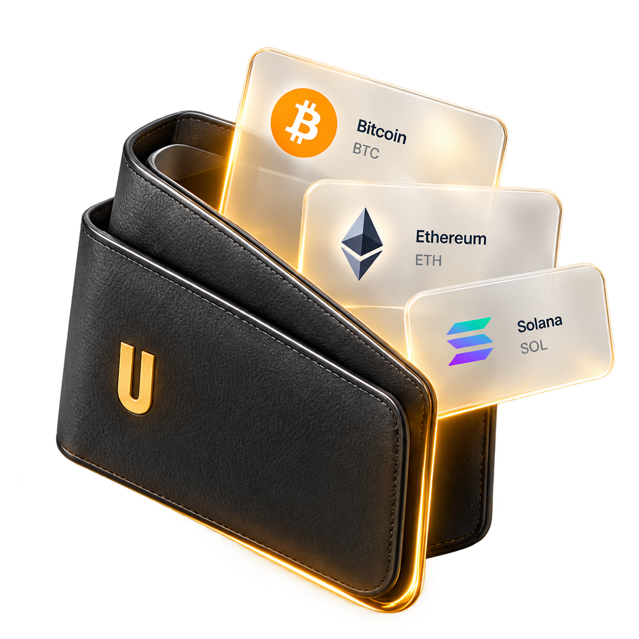 Graphite wallet holding glass Bitcoin, Ethereum and Solana cards.