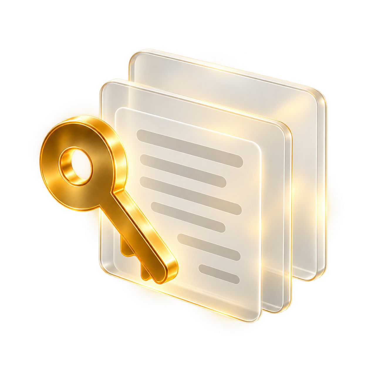 Golden recovery key in front of translucent glass documents.